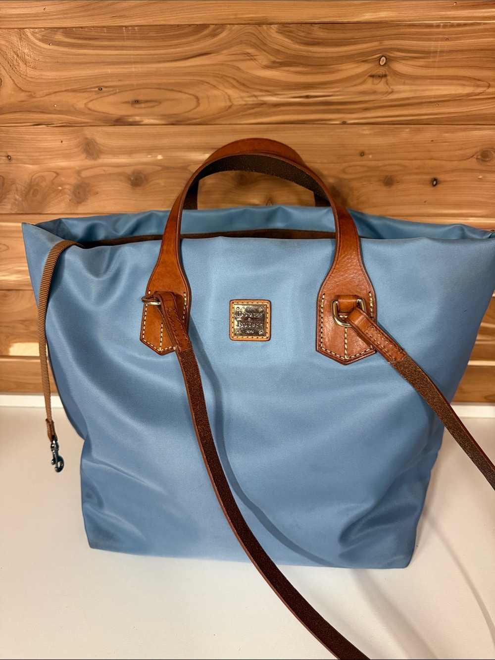 Dooney & Bourke Light Blue Nylon Tote with Brown Leather Trim